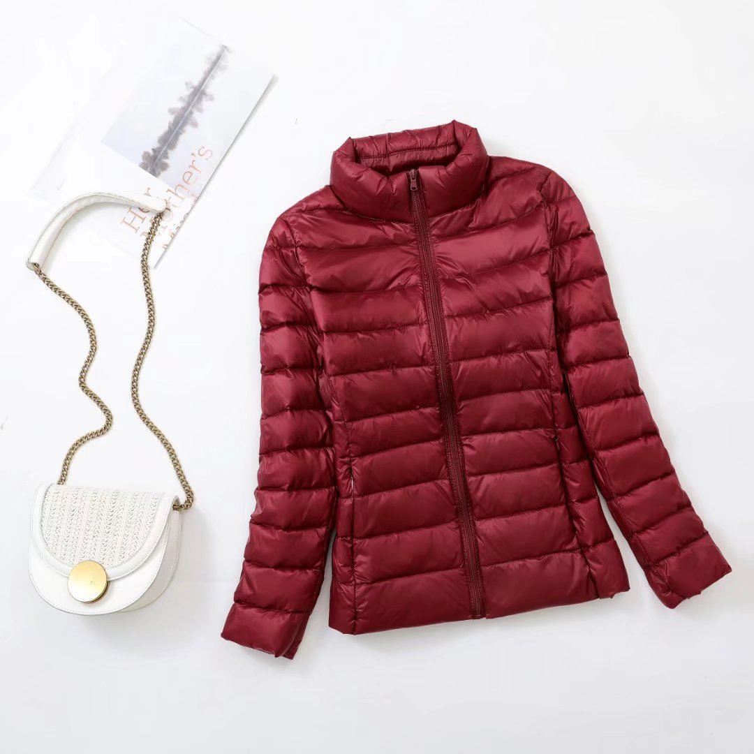Lightweight women's down jacket, stand-up collar, slim fit