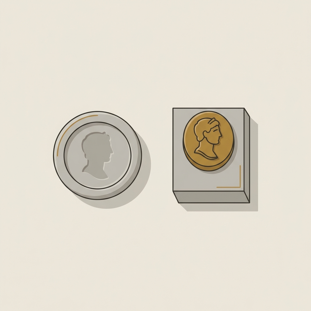 Minimalist 2D vector showing a roman intaglio ring wax impression next to a raised cameo on a small stand in a museum style lab setting using Aurora Antiqua palette