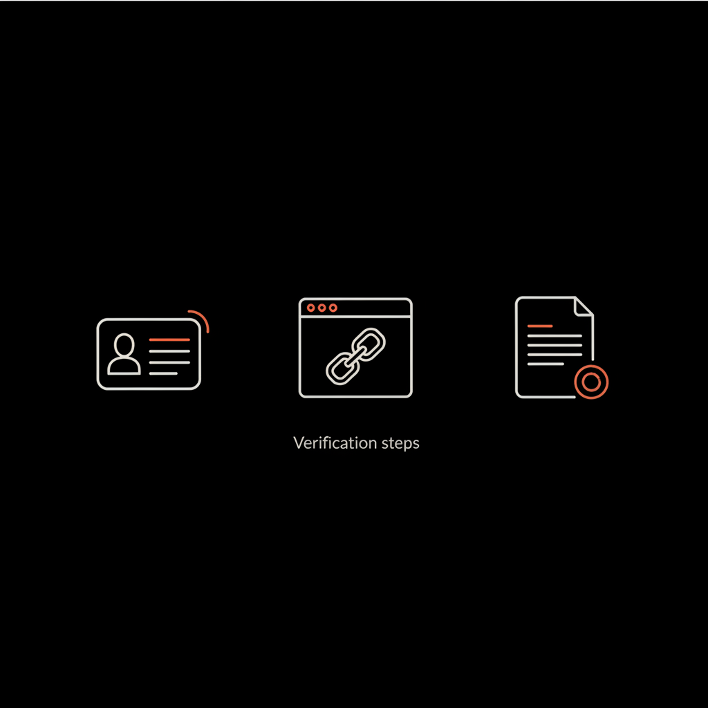 How do you become verified on Twitter? Minimalist infographic showing three vector icons — ID card, linked webpage, and archive/PDF — on a black background with orange accents.