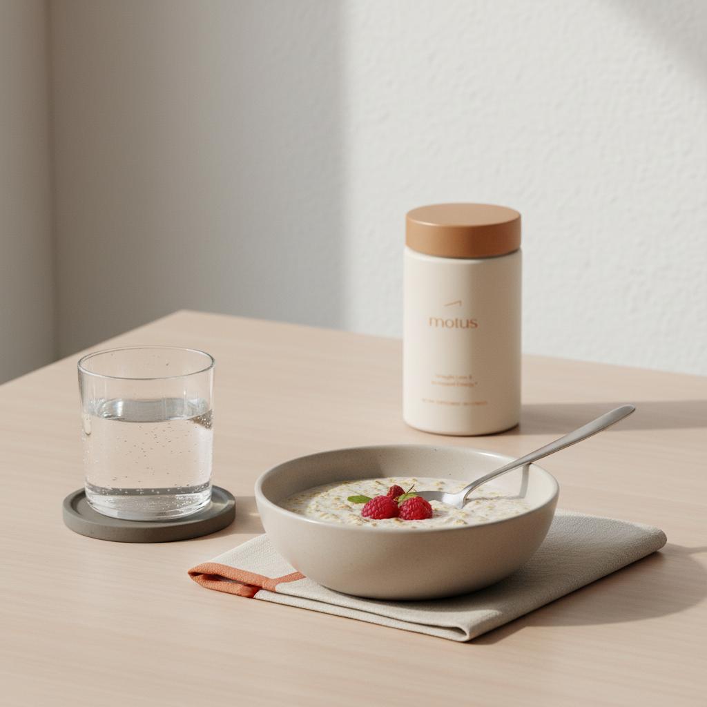 Minimalist breakfast with oatmeal, spoon, glass of water and Tonum Motus supplement container in the background as a natural sugar blocker for a healthy morning routine