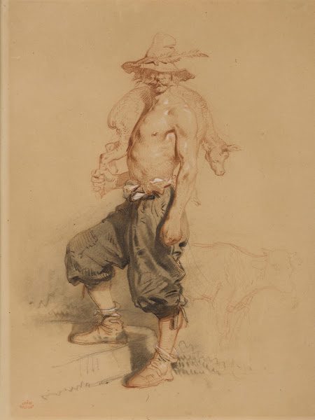 A rural laborer with a calf slung over his shoulder