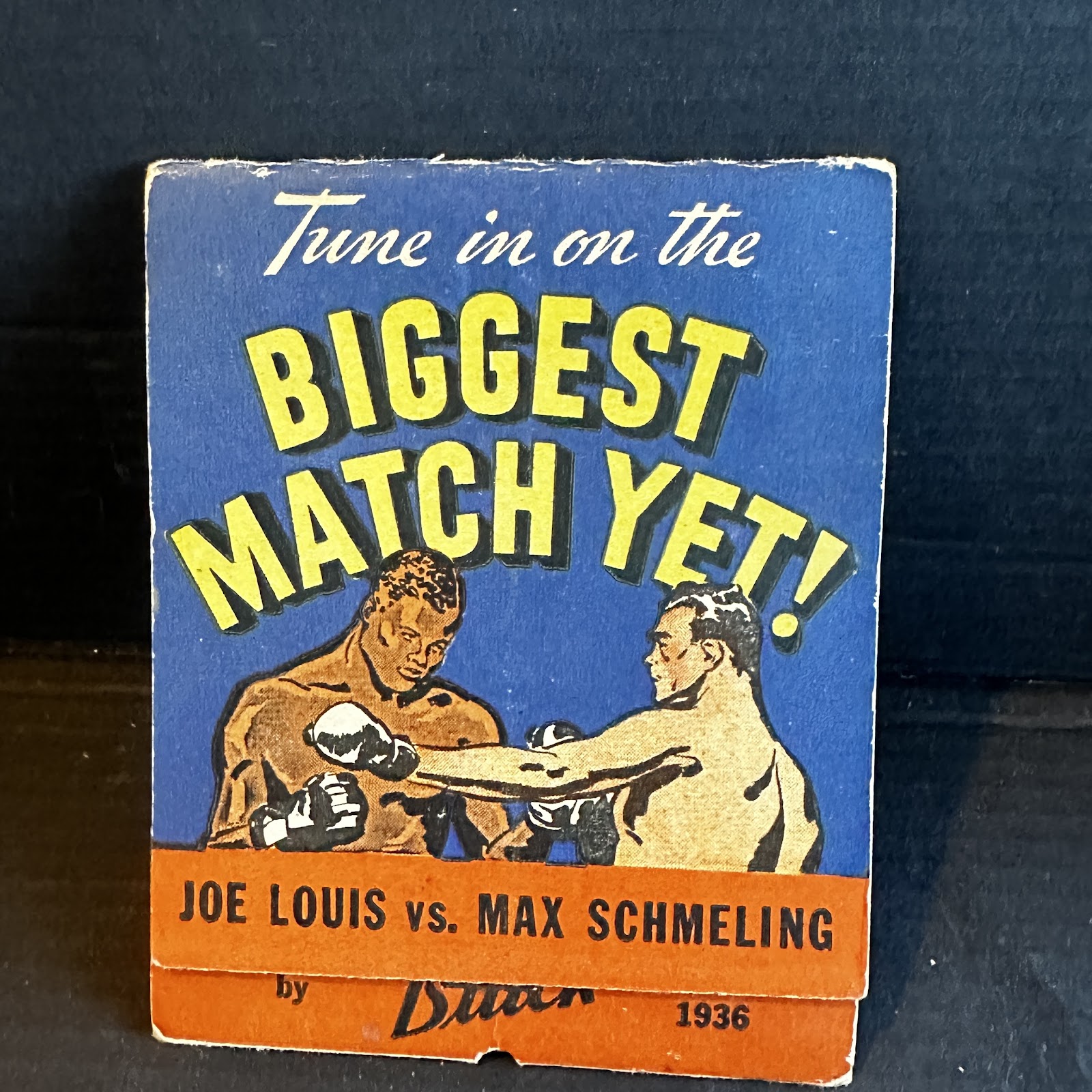 Vintage 1936 Joe Louis vs. Max Schmeling boxing match matchbook cover, unfolded, approximately 1.5 by 4.25 inches