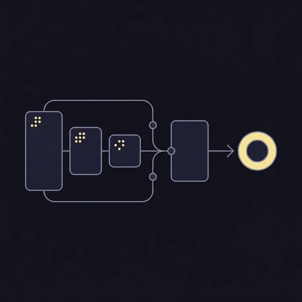 Minimalist 2D vector schematic of three decimal odds tiles converging into a combined payout then flowing to a stake token on a Funded Plays dark background payout on betting odds