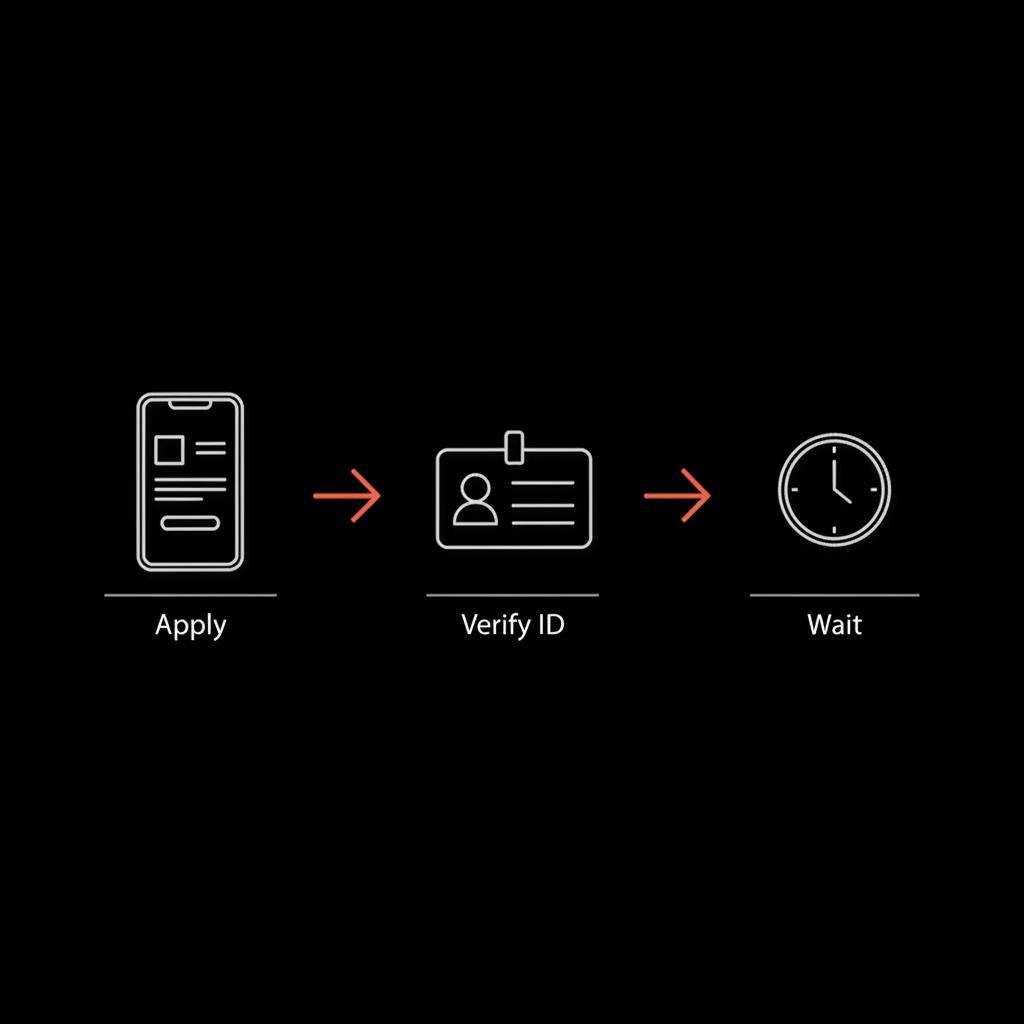 Minimal vector infographic showing the free verification flow: phone with form, ID card, and clock, illustrating instagram verification cost steps on a black brand background.