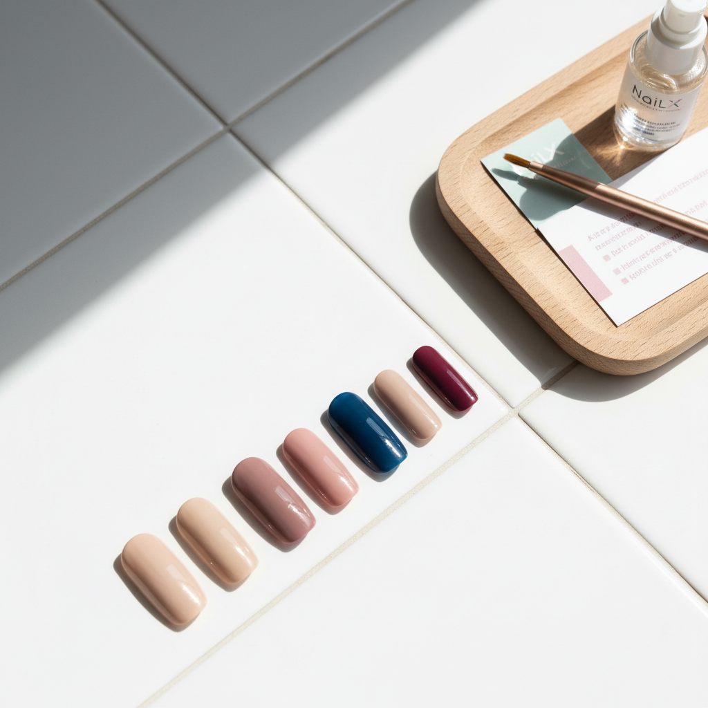 Close-up von neutral lackierten Nageltips auf weißer Kachel mit Holztablett, Pinsel und Nagelöl – Welche Nagelform ist die eleganteste?