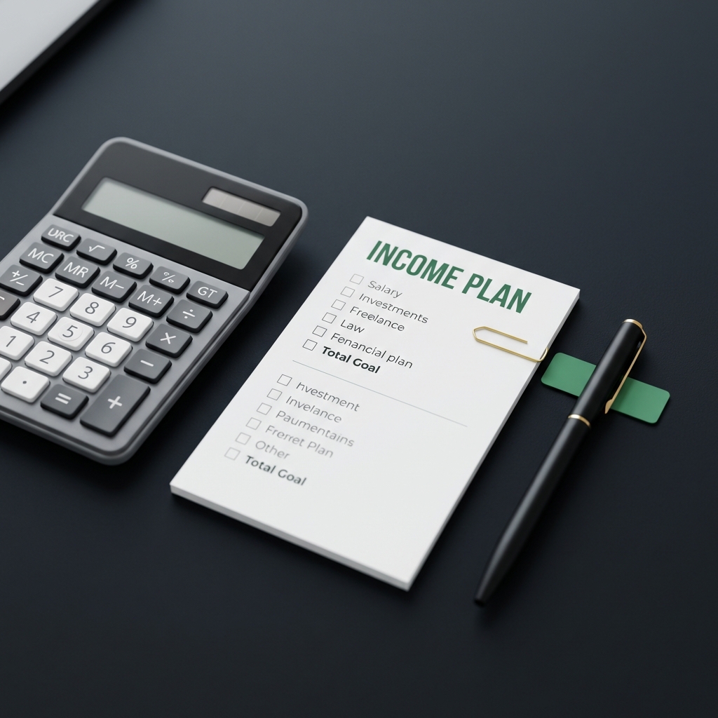 Close up of calculator and printed checklist titled Income plan on a minimalist dark desk showing how to begin investing with a simple income plan and subtle brand green and gold accents
