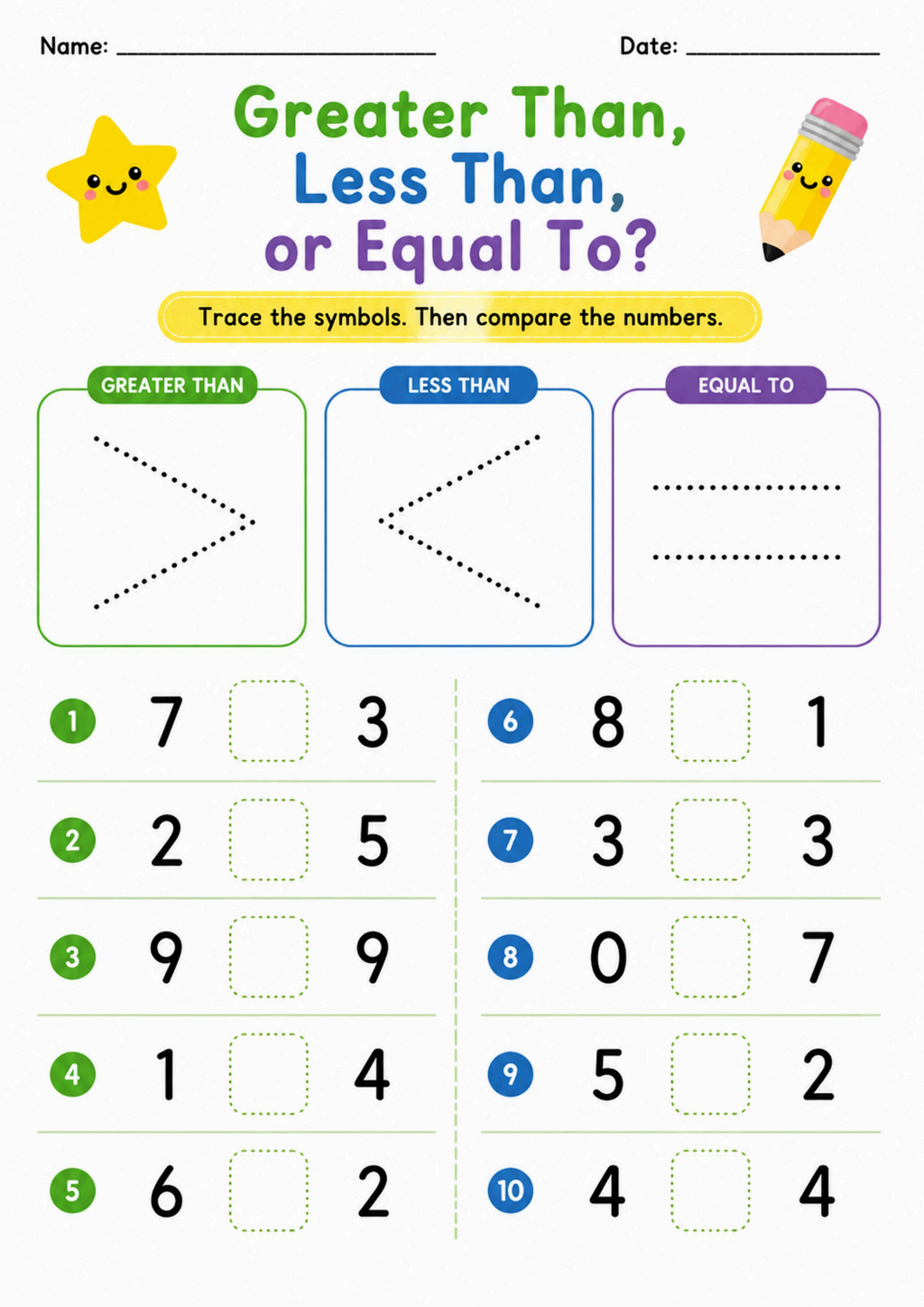 Trace Greater Than Less Than Symbols Worksheet