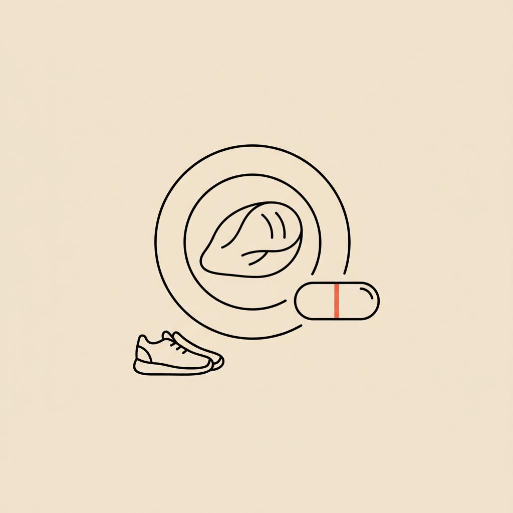 Minimal Tonum-style vector line illustration of a plate with a palm-sized protein portion, a capsule, and walking shoes on beige background to illustrate lose weight without dieting