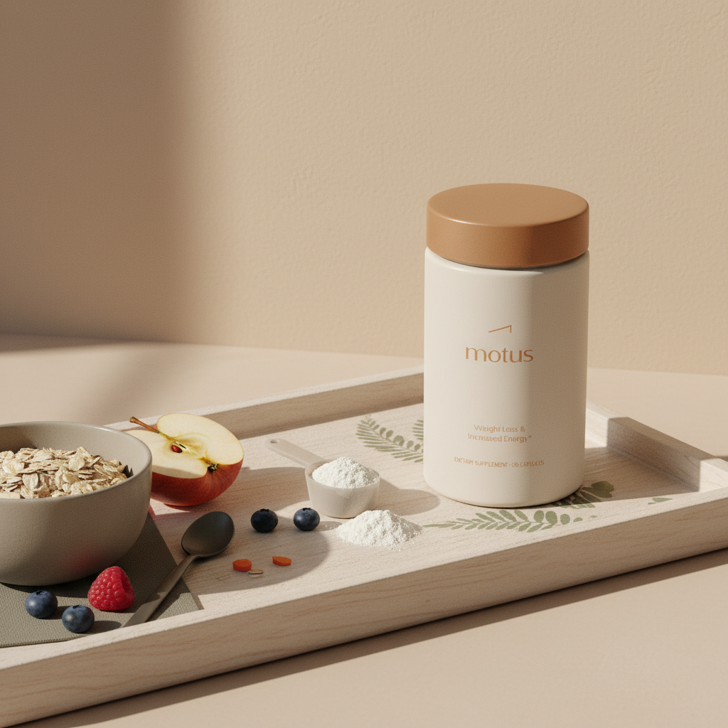 Tonum Motus bottle on a pale wooden tray with scoops of measured powder, a bowl of oats and fresh fruit, minimalist bright scene for best meal replacement diet