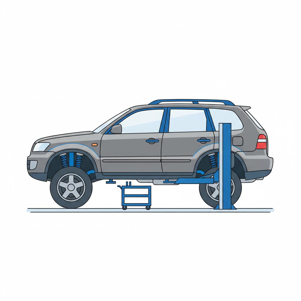 Minimalist 2D vector showing a chevy tahoe for sale underbody on a workshop lift focusing on frame and suspension components white background and blue accents
