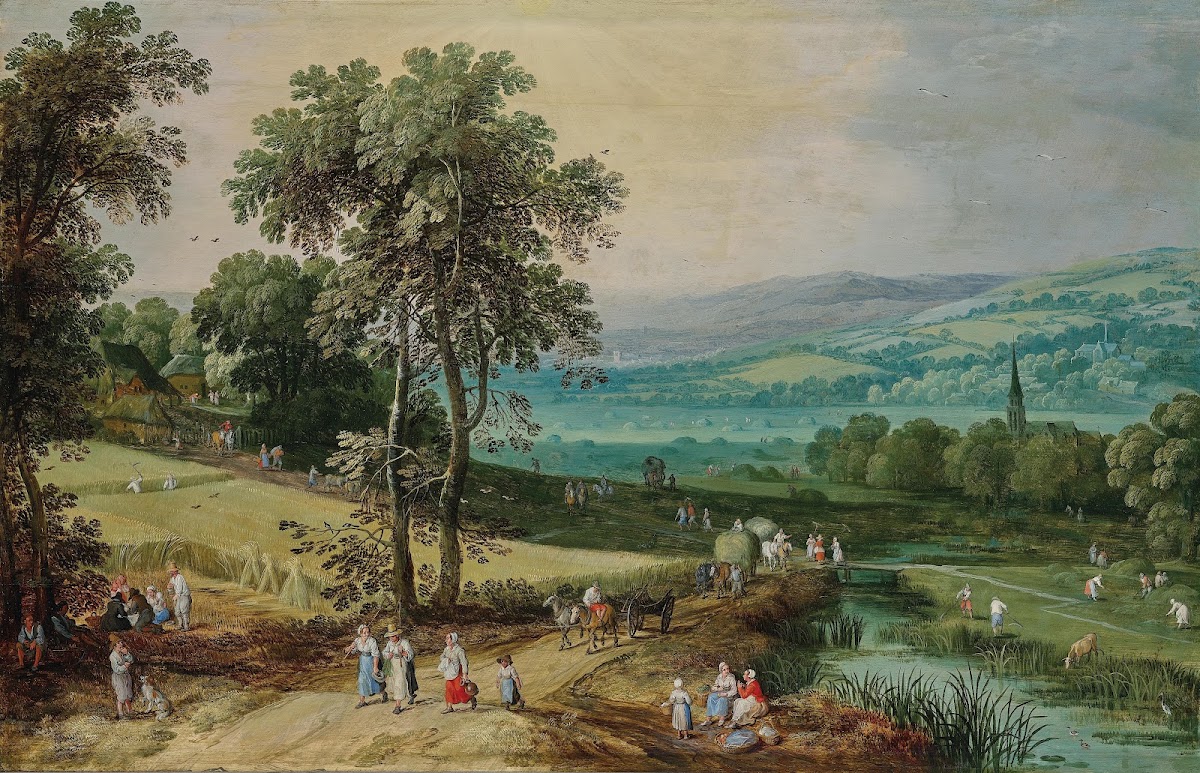 An extensive wooded landscape with travellers on a path and the corn harvest in