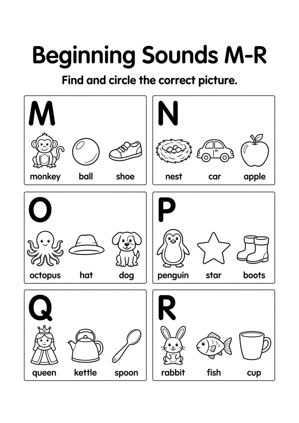 Beginning Sounds M to R Worksheet