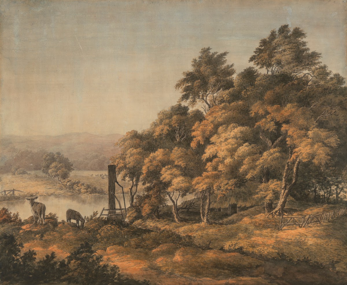 An extensive river landscape with donkeys