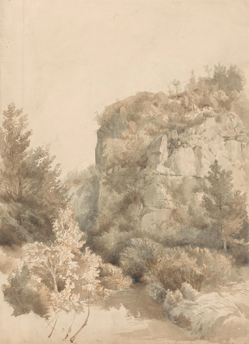 Begroeid dal met een hoge rots en een beek 1827   1897