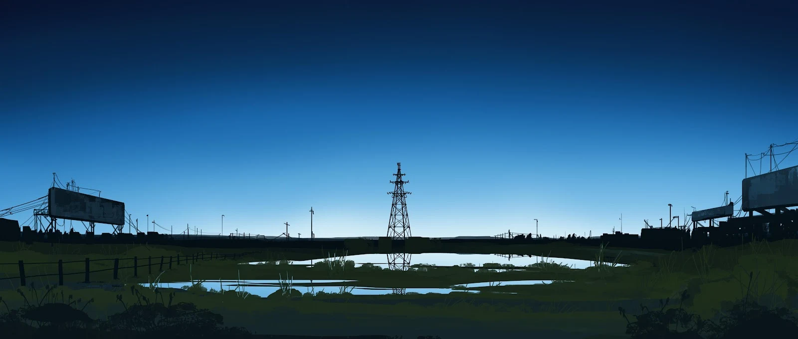 Dark Industrial Pylon Under Blue Sky - Graphic Illustration 4K Wallpaper (5640x2400)