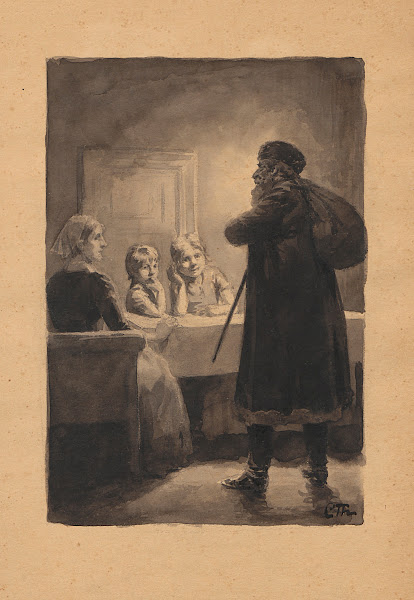 Santa Claus with a sack on his back and a long beard visits a family 19th 20th c
