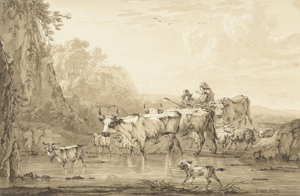 Herder en herderin met runderen en schapen bij een poel 1766   1815