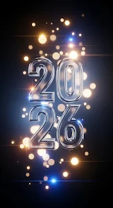 Metallic and Glass 2026 Typography with Bokeh Lights on Blue
