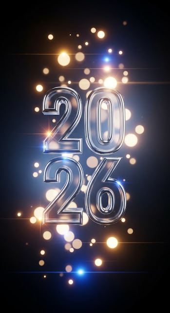 Metallic and Glass 2026 Typography with Bokeh Lights on Blue - Free mobile Wallpaper