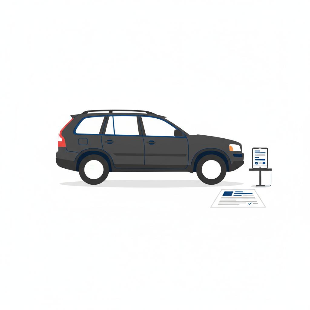Minimalist 2D vector of a Volvo XC90 parked on a driveway next to a printed vehicle history report and a tablet showing pricing context volvo xc90 for sale