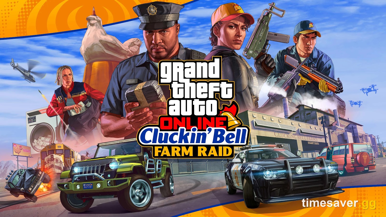 GTA Online Cluckin' Bell Farm Raid official artwork with Vincent and the robbery crew