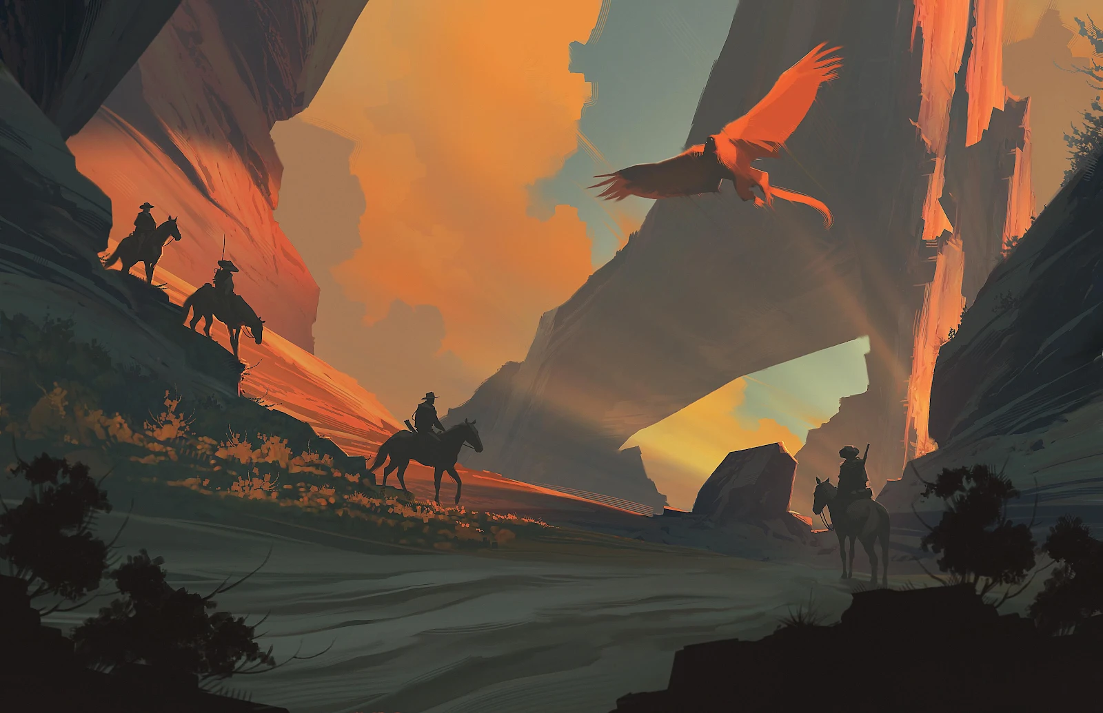 Western Riders in Desert Canyon - Digital Concept Art 4K Wallpaper (3840x2485)