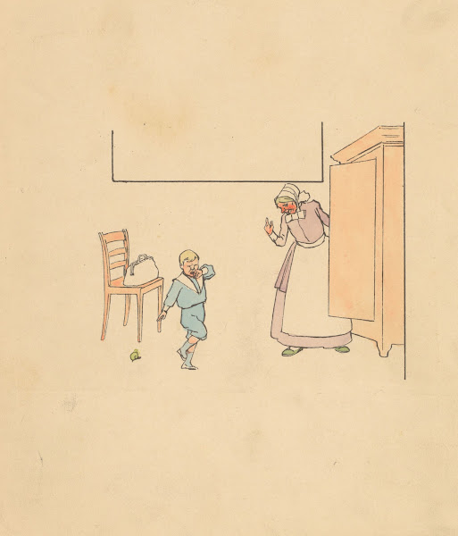 Vrouw en huilende jongen bij een kast 1880 1910