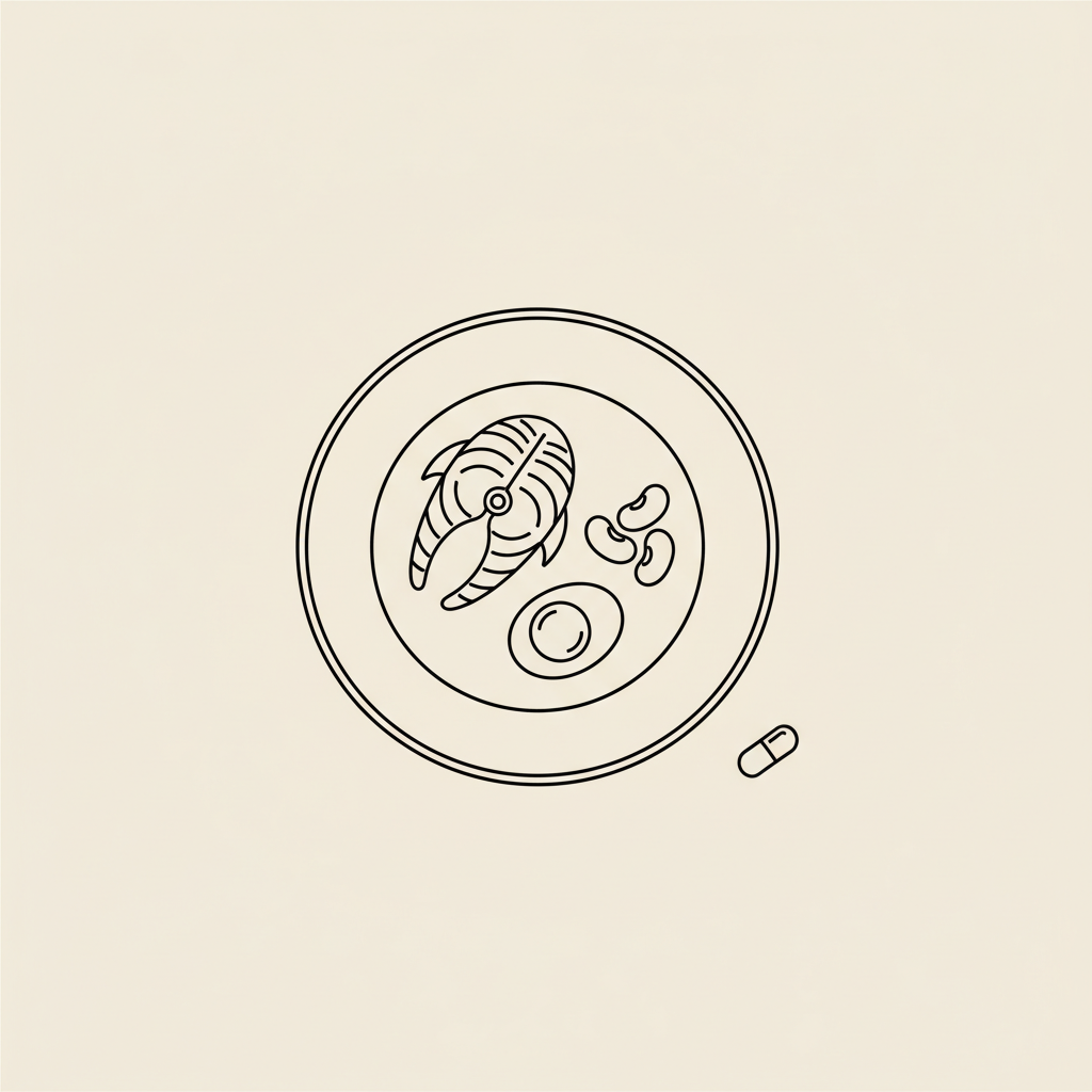 Minimalist Tonum-style line illustration of a plate with fish, halved egg, beans and a small capsule on a beige background, concept for how to fix slow metabolism