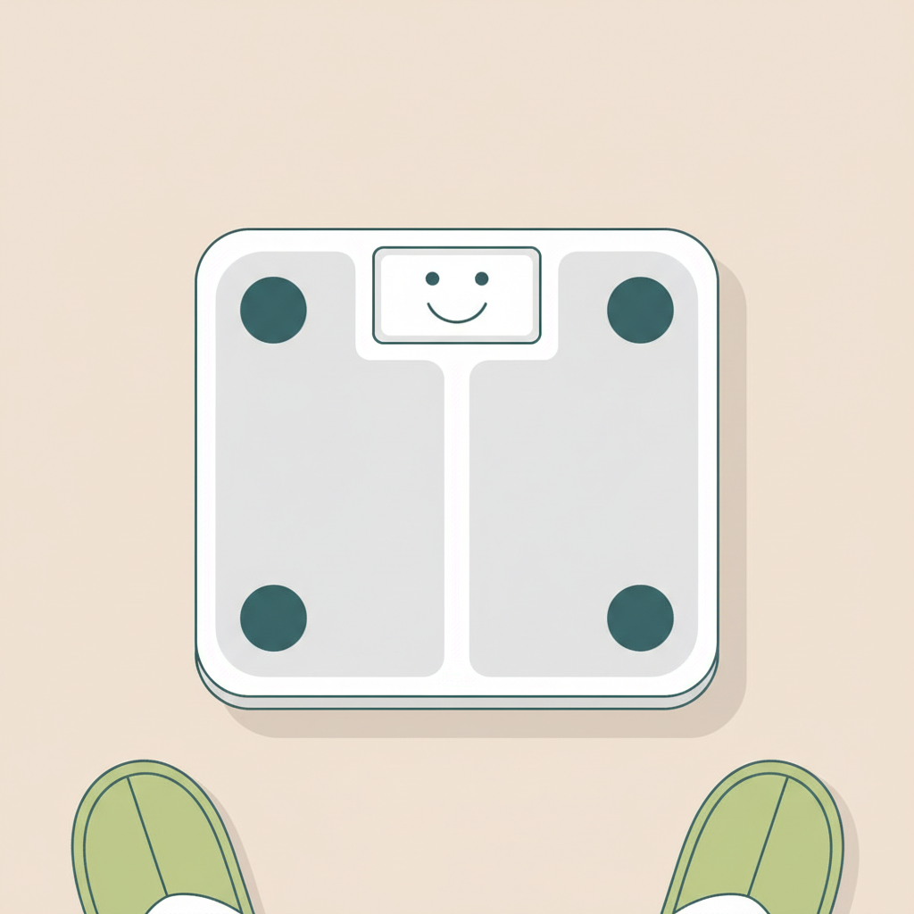 Minimalistische 2D-Vektor-Illustration einer Waage mit Smiley-Display und weichen Hausschuhen am Bildrand, stimmungsvolle Szene für Artikel welches getränk hilft gegen bauchfett