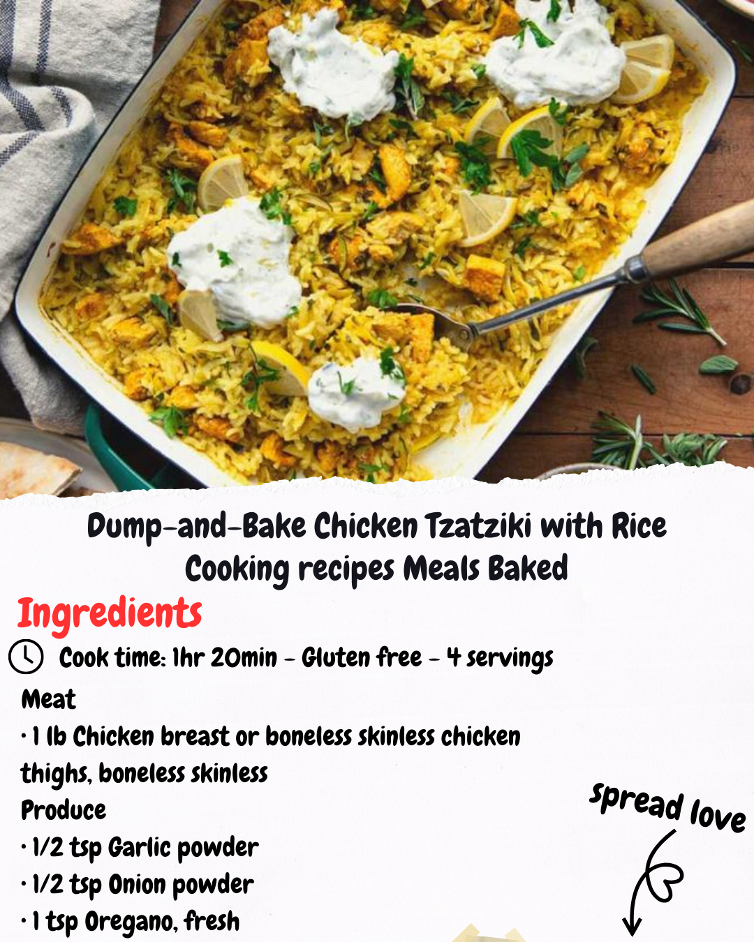 Dump-and-Bake Chicken Tzatziki with Rice Cooking recipes Meals Baked