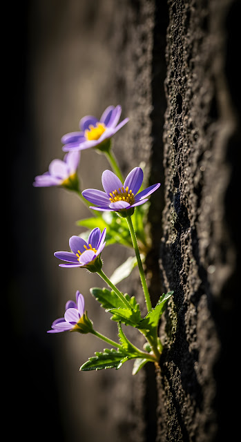Small Purple Flowers Sprouting from a Dark Stone Wall - Free mobile Wallpaper