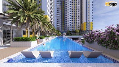 Hồ bơi tràn bờ với ghế nằm và cây hoa cảnh Bcons NewSky