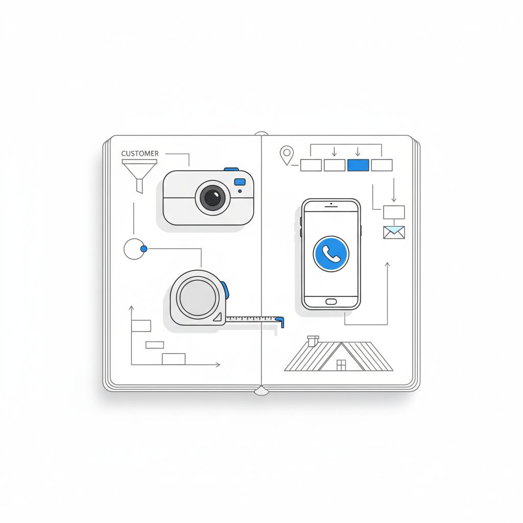 Minimalist top-down vector of roof inspection camera, measuring tape, and phone on a sketched marketing plan notebook page for marketing for roofing companies