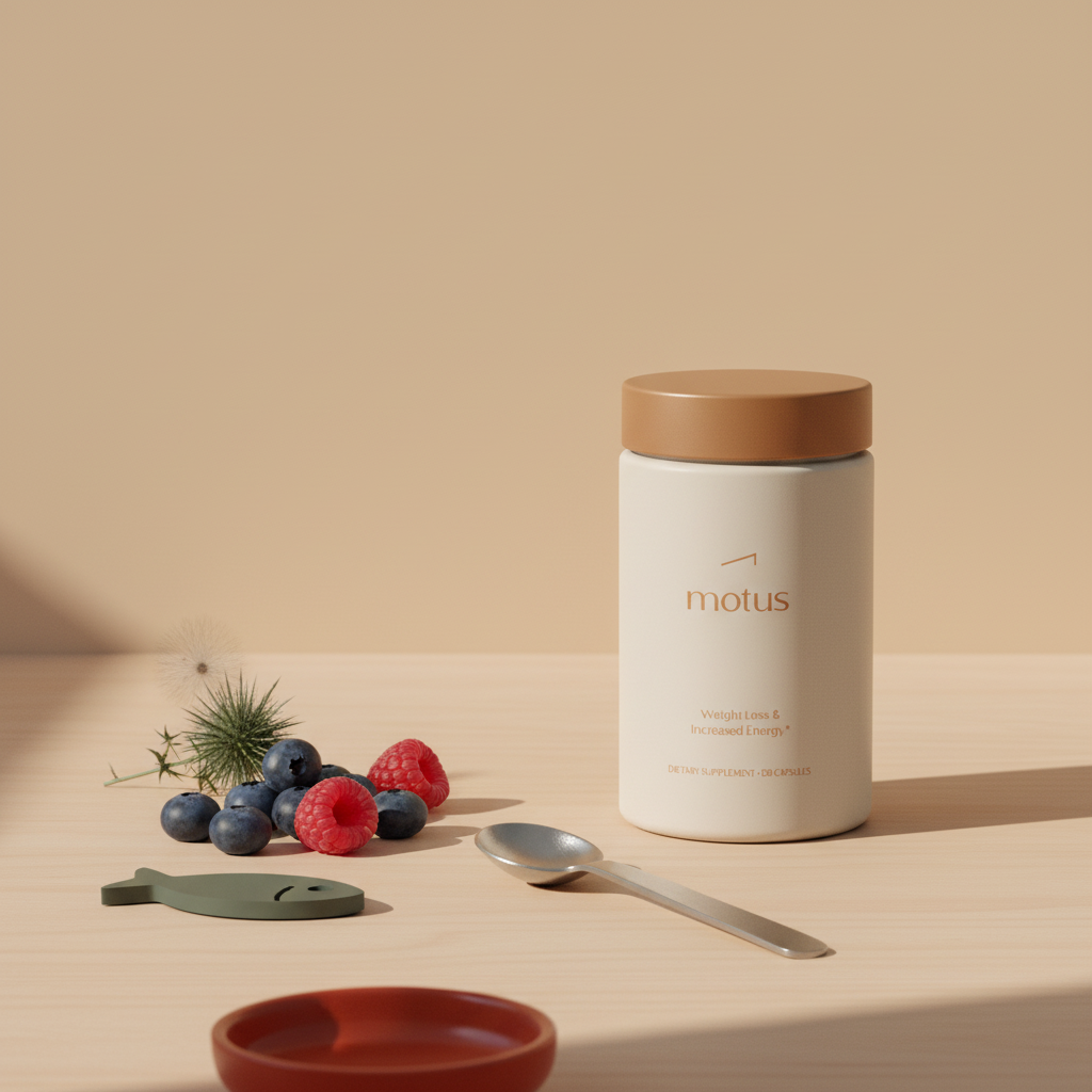 Minimal product photo of Motus supplement jar on a light wooden table with measuring spoon, berries and milk thistle, styled for best weight loss pills