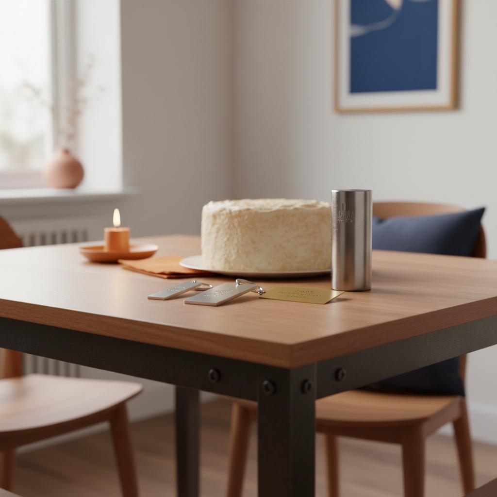Detailaufnahme Esstisch mit gravierten Metall-Schlüsselanhängern und kleinem Schild neben Vanillekuchen, warmes Licht, industrieller Stil – was braucht ein angler unbedingt