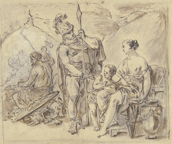 Mars in der Schmiede des Vulkan vor Venus stehend die Amors Pfeile in Honig tauc