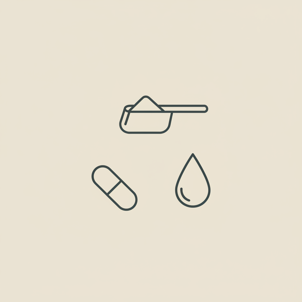 Minimalist 2D vector line illustration of a scoop, capsule, and water droplet on beige background representing collagen powder vs capsules.