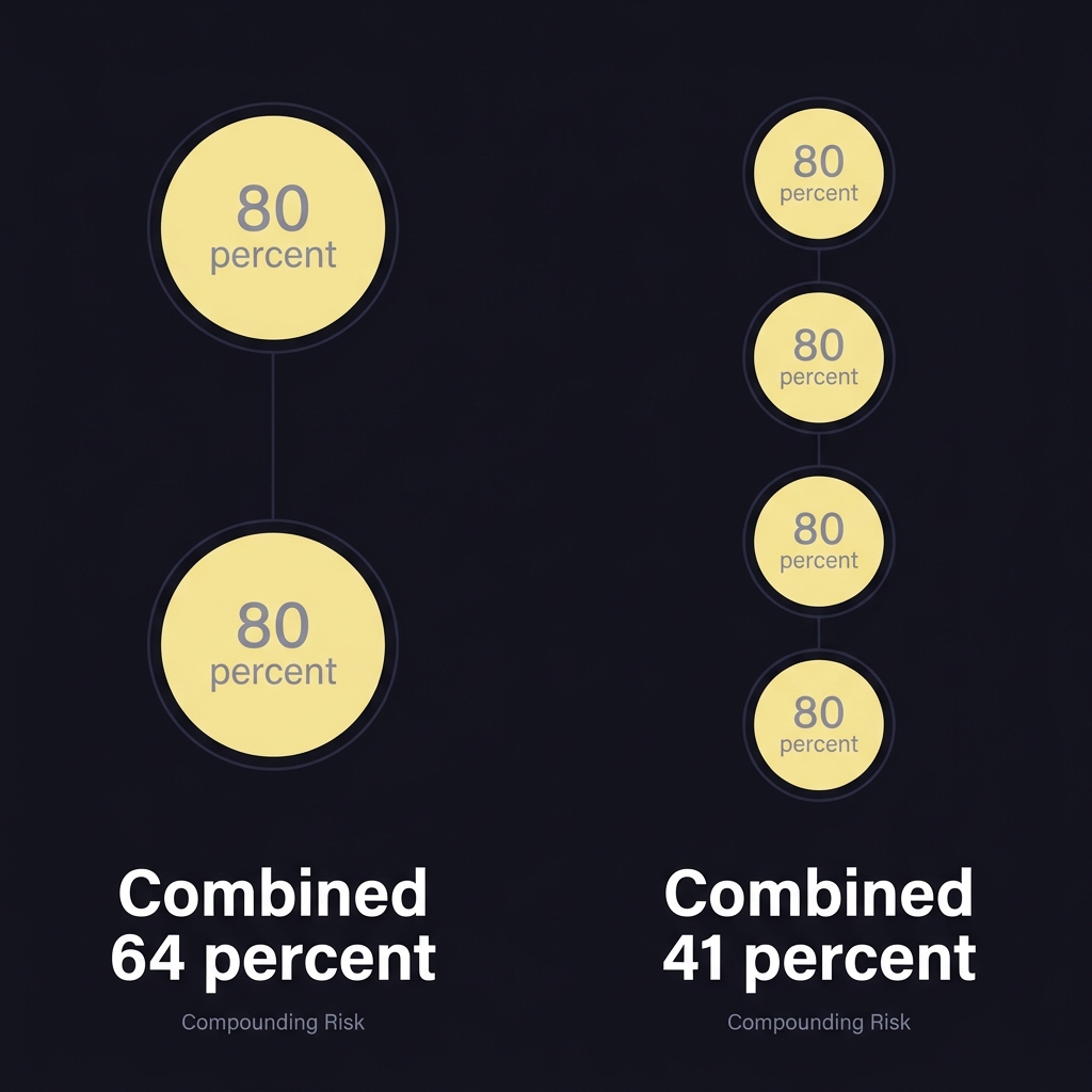 Minimal diagram showing multiplicative probability with two node and four node chains annotated with percentage examples and small label compounding risk illustrating winning parlays math