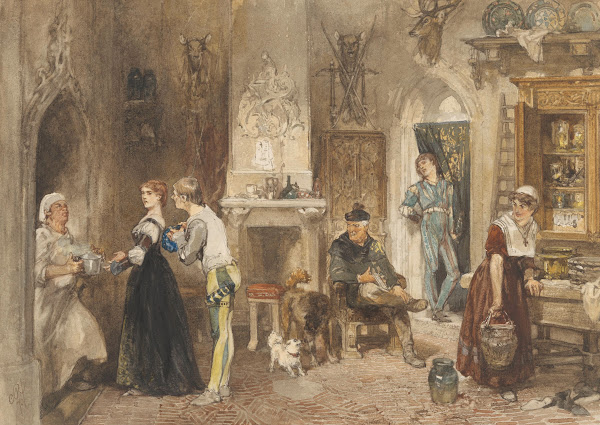 Bedienden van een kasteel in een voorvertrek verenigd 1870