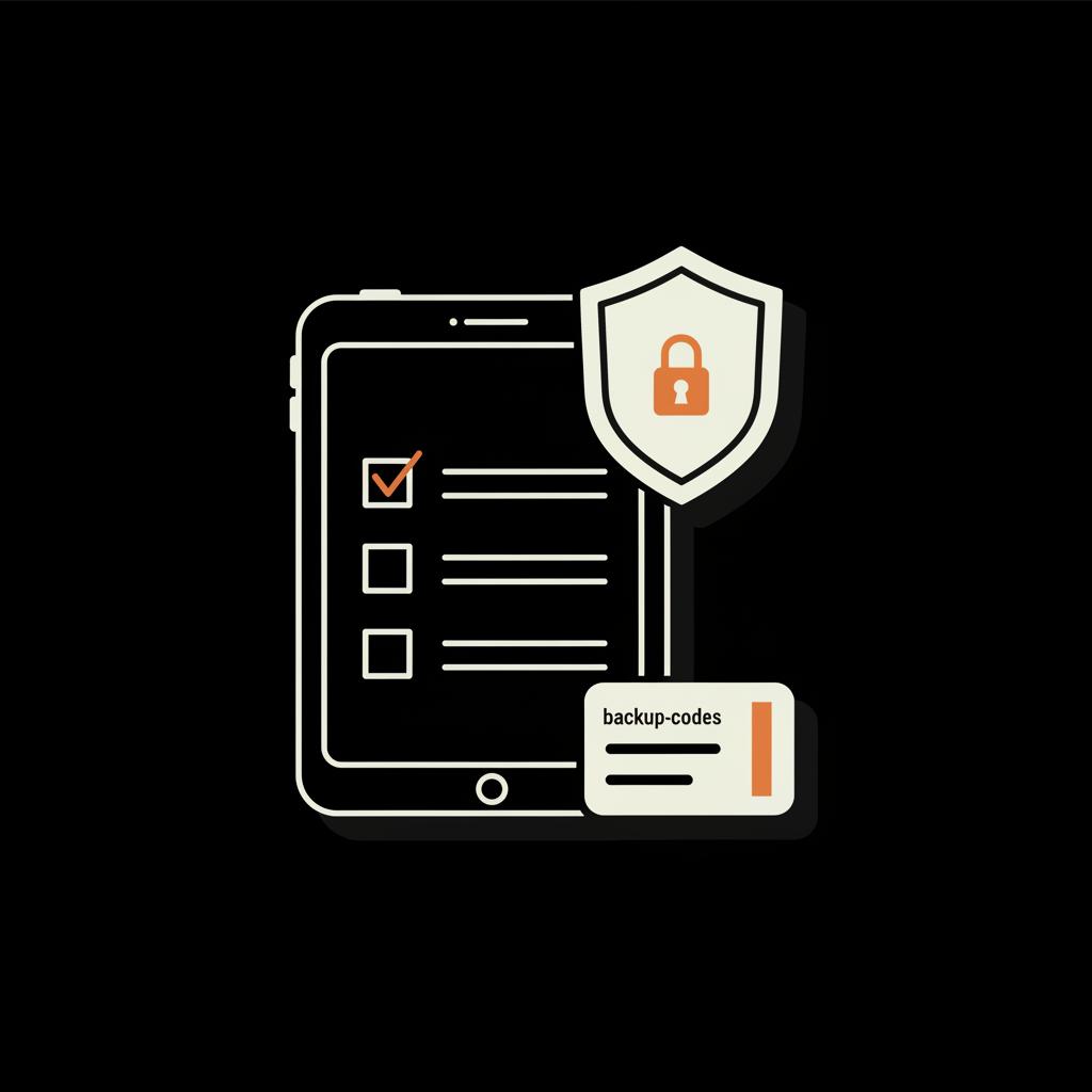 Flat 2D vector infographic of a tablet with checklist, shield security icon and backup-code card on black background — how do i get my gmail account back