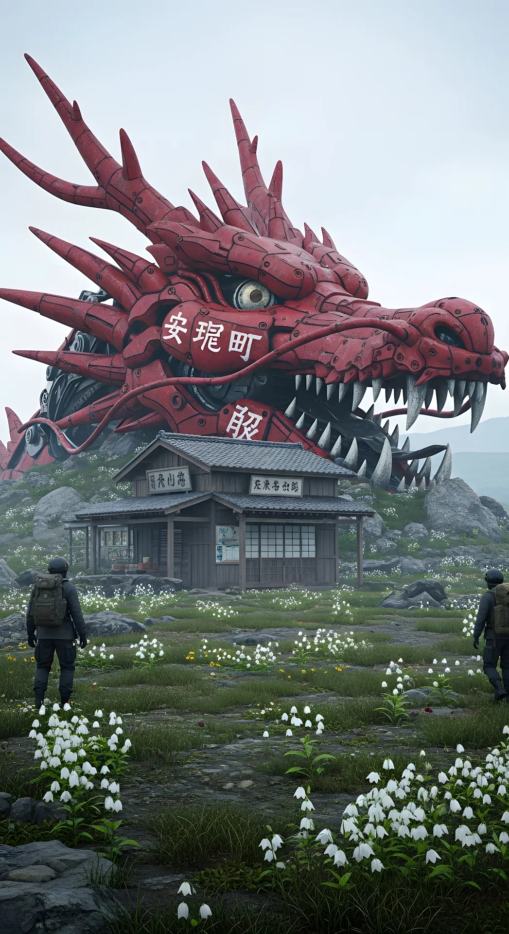 Gigantic Red Mecha Dragon Head Above Abandoned Shrine - Free 4K mobile Wallpaper