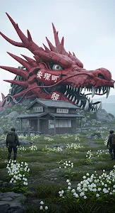 Gigantic Red Mecha Dragon Head Above Abandoned Shrine