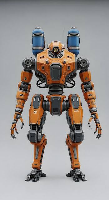 Industrial Bipedal Mech Robot 3D Render Orange Grey Design - Free mobile Wallpaper