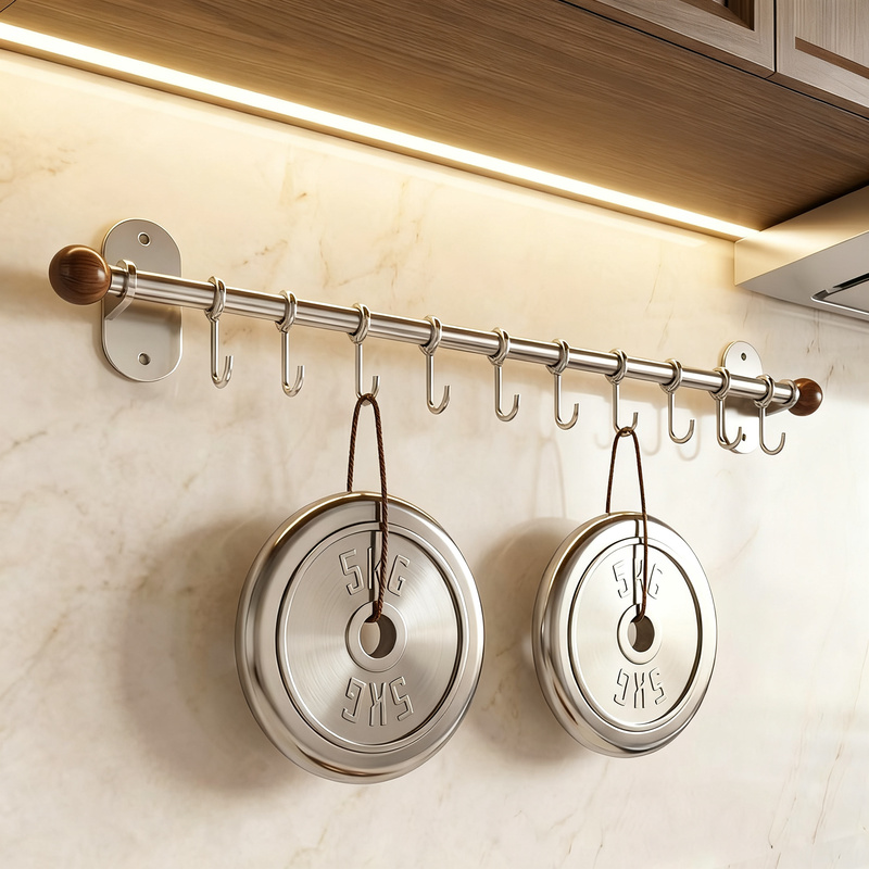 Stainless steel wall holder with hooks for kitchen utensils