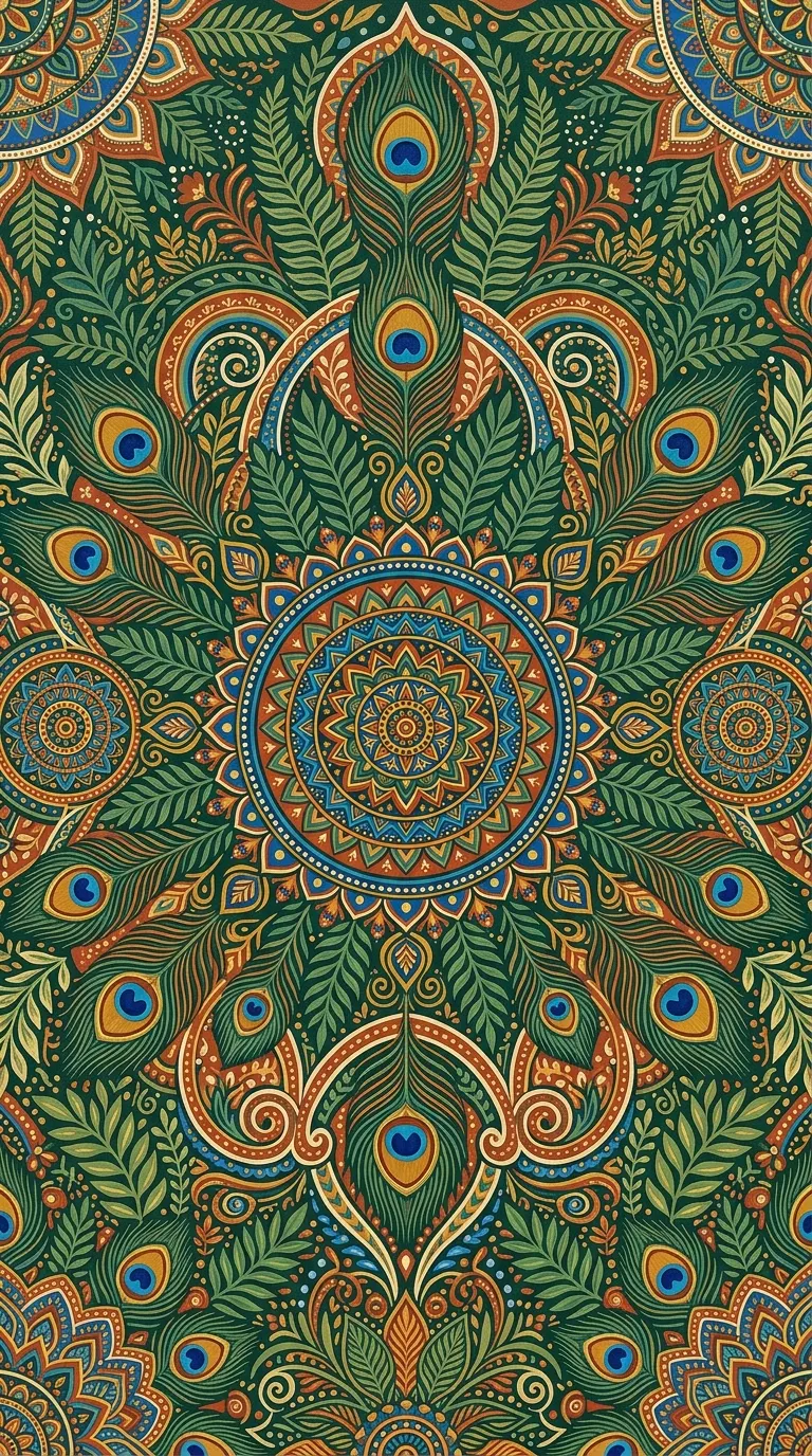 Intricate Colorful Folk Art Painting with Peacock and Mandala Motifs - Free 4K mobile Wallpaper