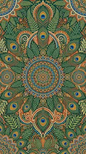 Intricate Colorful Folk Art Painting with Peacock and Mandala Motifs