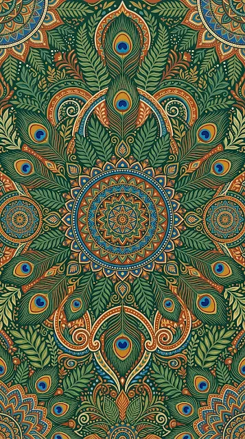 Intricate Colorful Folk Art Painting with Peacock and Mandala Motifs