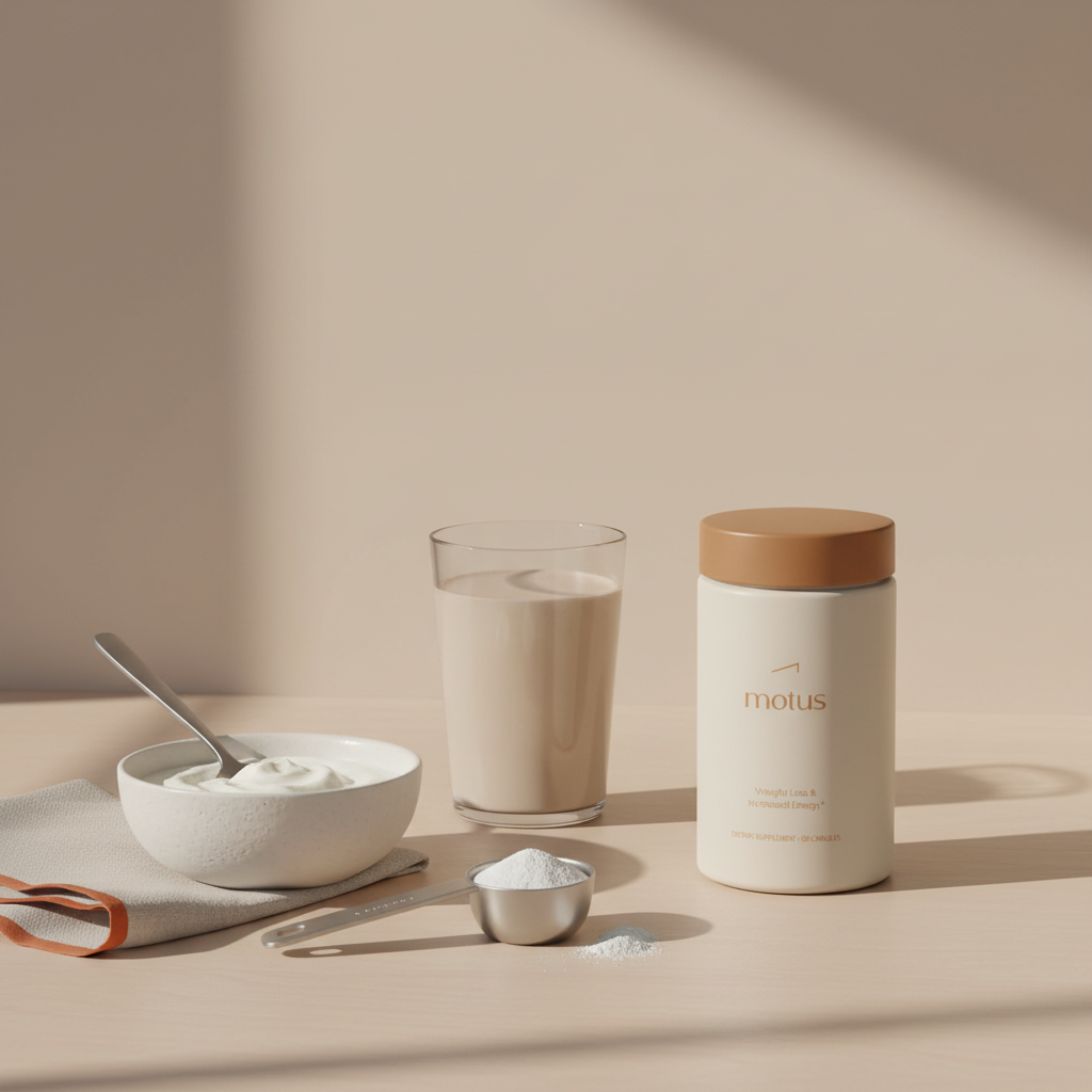 Tonum Motus jar beside protein shake, Greek yogurt bowl and scoop on a minimalist kitchen counter, morning routine for best protein powder for female weight loss