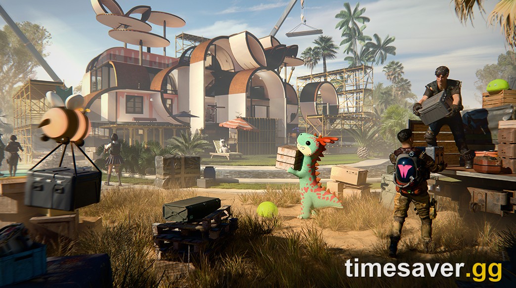 Players unloading supplies beside a settlement under construction in Once Human — in Eternaland you build with Astral Sand instead of the materials you gather in a scenario.