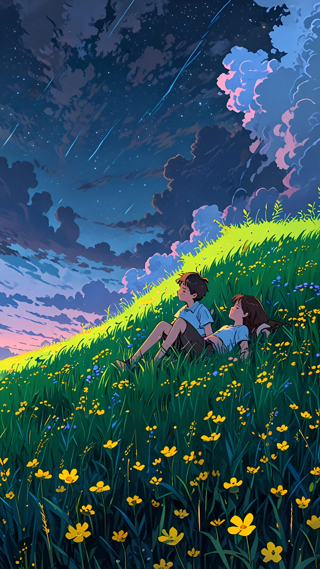 Anime Couple Stargazing on Flowery Hill, Cinematic Night Sky - Free 4K mobile Wallpaper